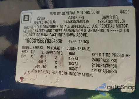2000 Chevrolet S-10 Ls z USA, uszkodzony, nr VIN 1GCCS1956Y8304538